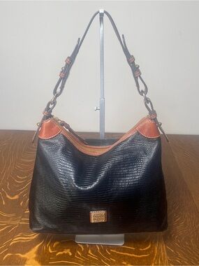 Dooney & Bourke Black with Brown Trim Lizard Embossed Leather Hobo Shoulder Bag